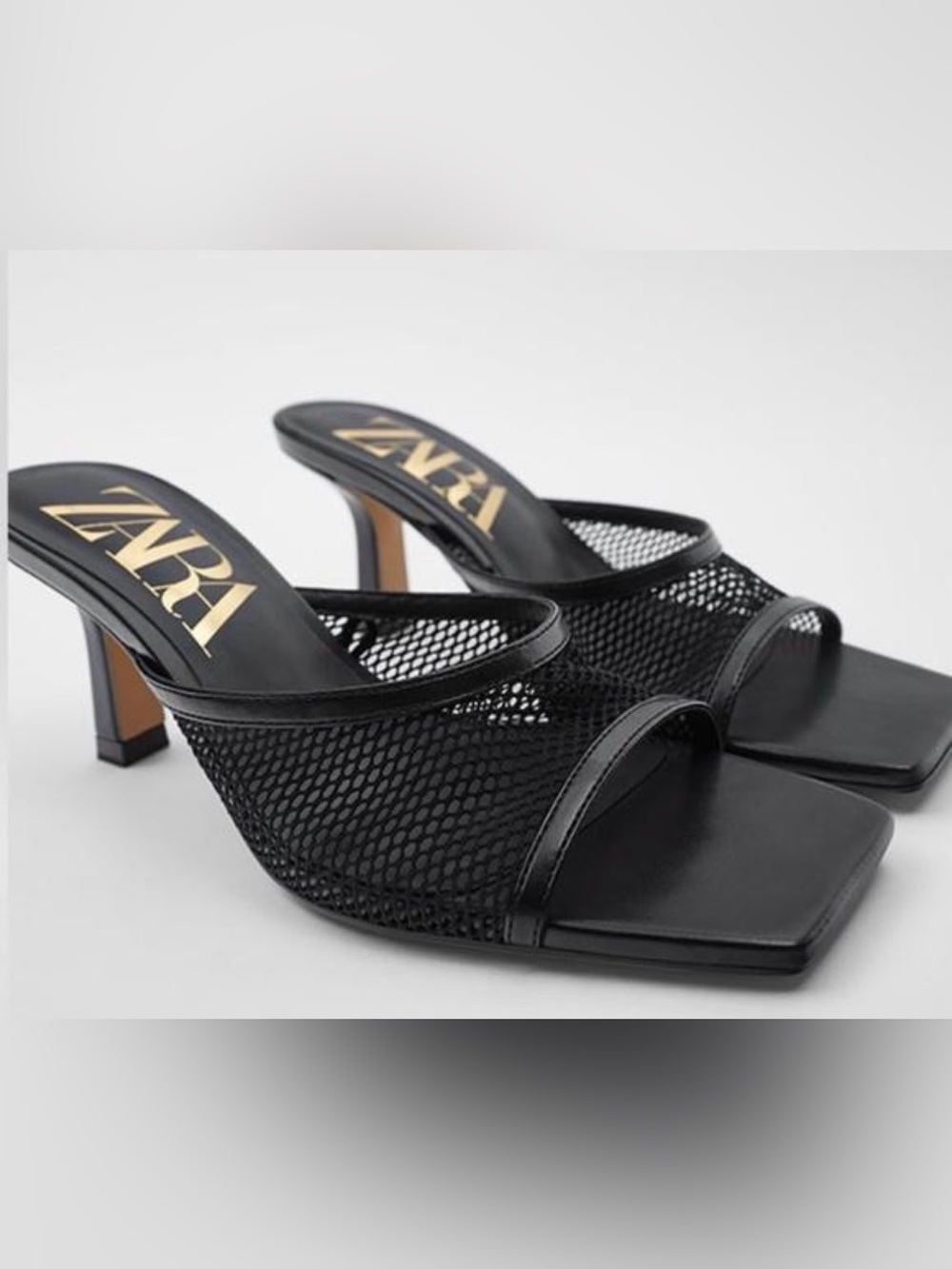 Zara Black Mesh Square Toe Kitten Heel Mules 38
